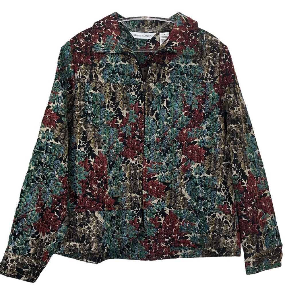 Drapers & Damons Tapestry Leaf Embroidered Zip Jacket Green Beige Black Size M